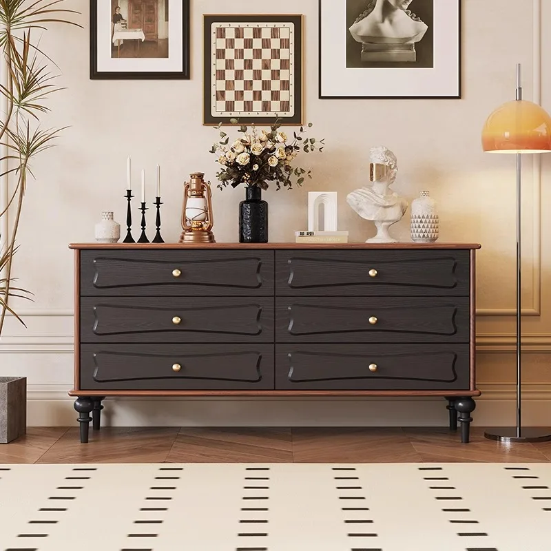 French retro dining side entrance solid wood two-color drawer storage cabinet, bedroom light luxury multi-layer chest cabinet