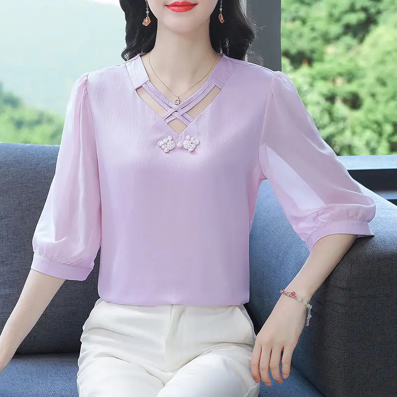 Women Clothes Summer Fashion Hollow Out Simplicity Solid Color 3/4 Sleeve Chiffon Shirts Women's Casual Loose Temperament Tops