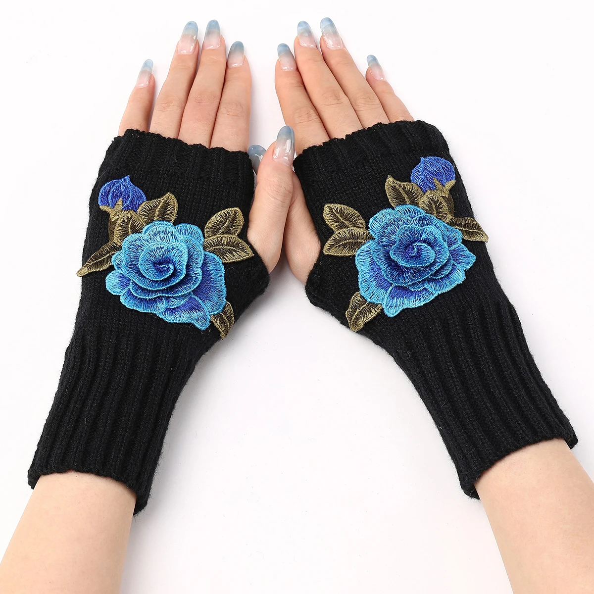 

Fashion Flower Gloves New Autumn Winter Women Knitted Cuff Glove Warm Half Finger Mittens Guantes Hand Warmer