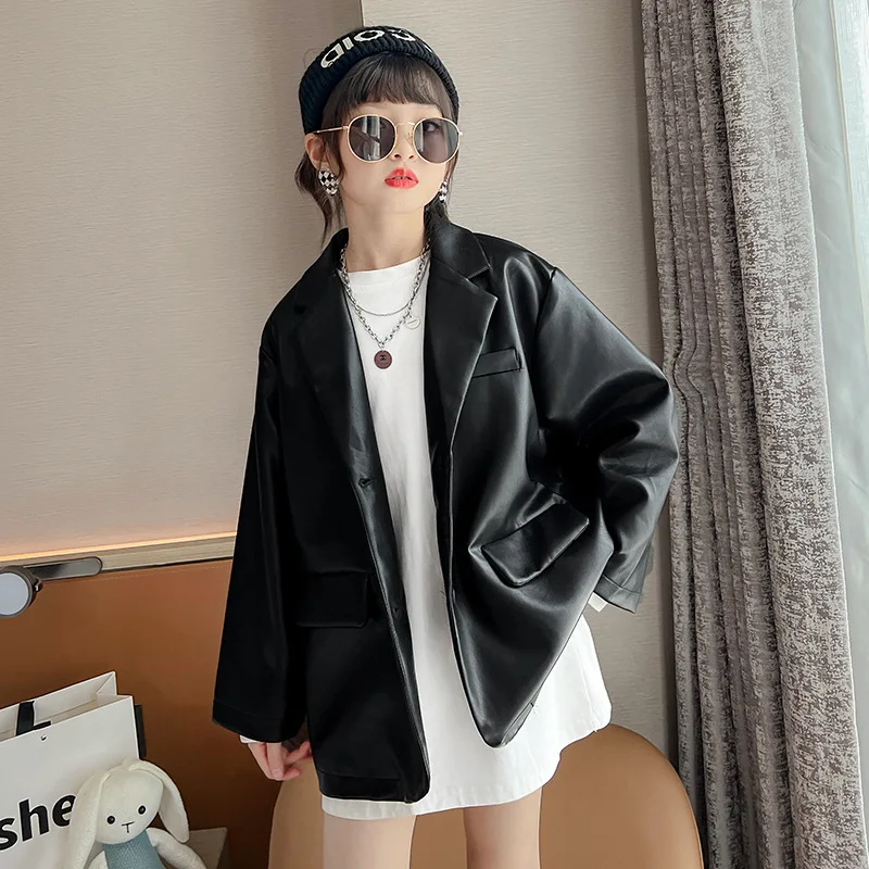 

2-15 Teenage Girls PU Jacket autumn Black Loose Casual Leather Blazer for Kids School Fashion All-match Children Coat clothes