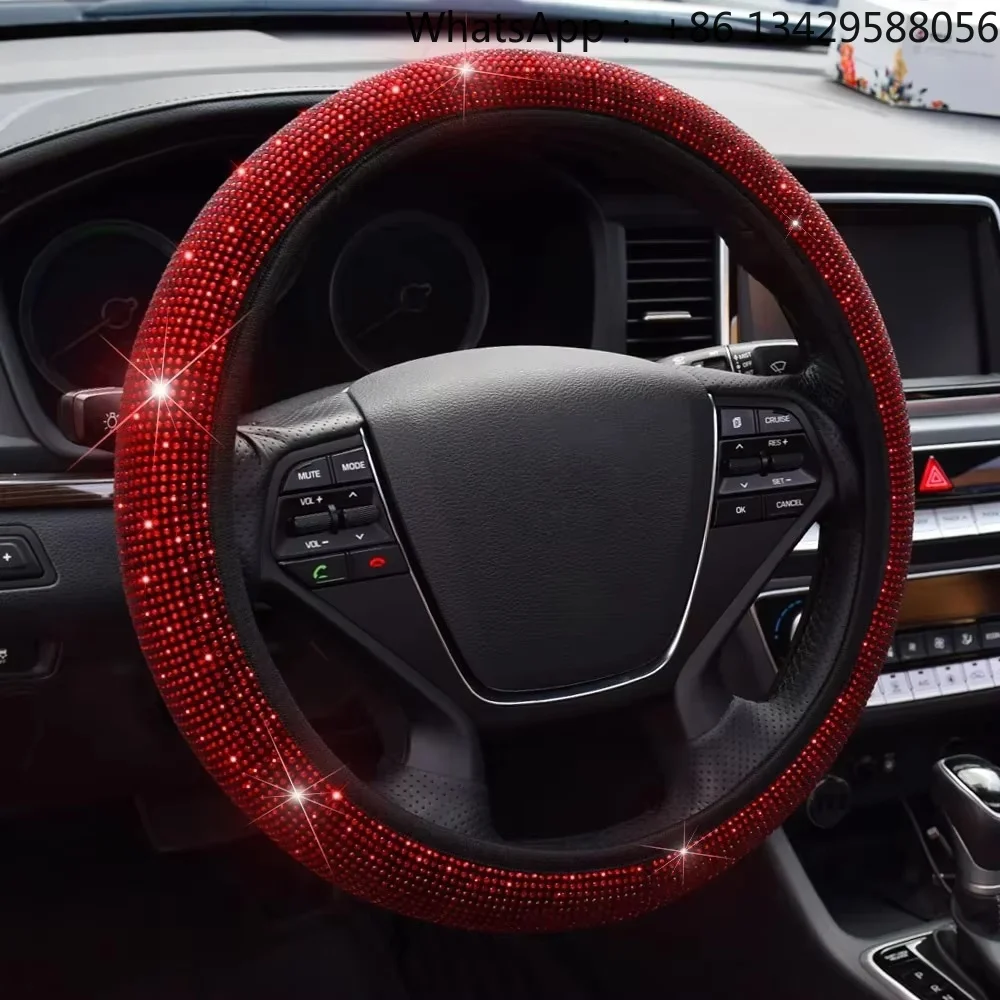 38cm Universal Car SUV Breathable Anti-Slip Bling Rhinestones Steering Wheel Cover for Women Girl with Crystal Diamond Sparkling