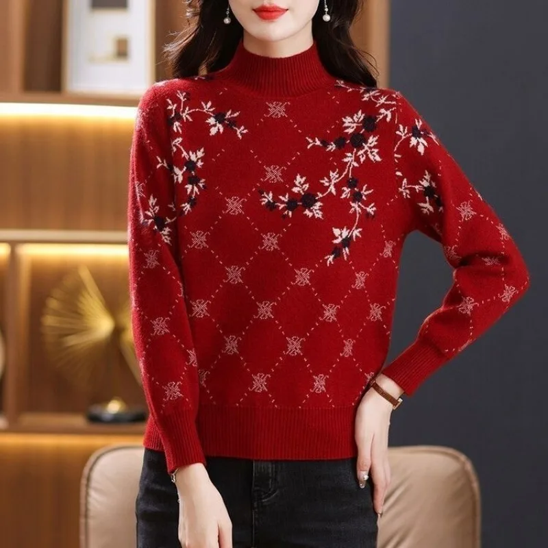 Women Sweater Pullovers Vintage Floral Print Jacquard Knit New Loose Thickened Chic Sweater for Women Short Tops Tide High Neck