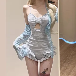 Women's Light Blue Lace Long-Sleeve Blouse & Gray Ruched Bodysuit 2-Piece Set with Bow Accent & Ruffled Hem Casual Bikinis Sets
