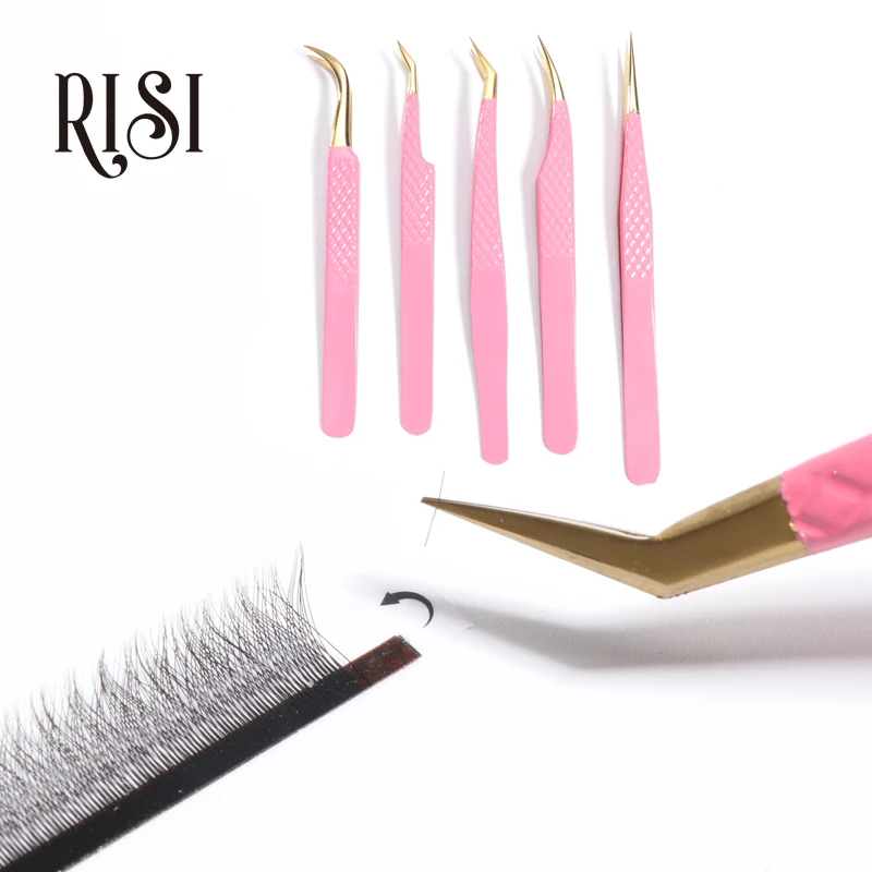 RISI pinzas para extensiones de pestañas postizas, tira curva Individual, pinzas para el pelo de las cejas, herramientas de maquillaje