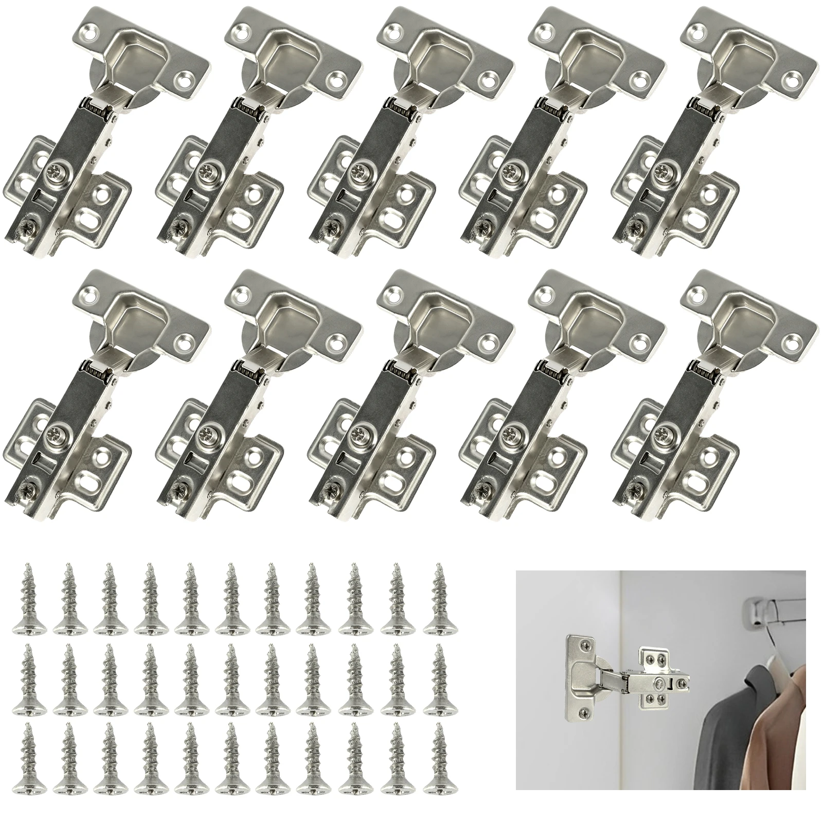 10/20Pcs Stainless Steel Cabinet Door Hinges Hydraulic Damper Buffer Soft Close Quiet Wardrobe Door Concealed Hinges with Screws