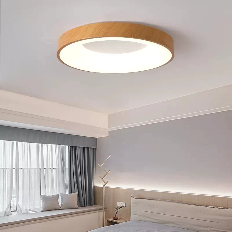 

Remote Control Dimming Round Wood Grain Ceiling Lamp Bedroom Dining Living Room Study Nordic White Acrylic Iron Ceiling Light