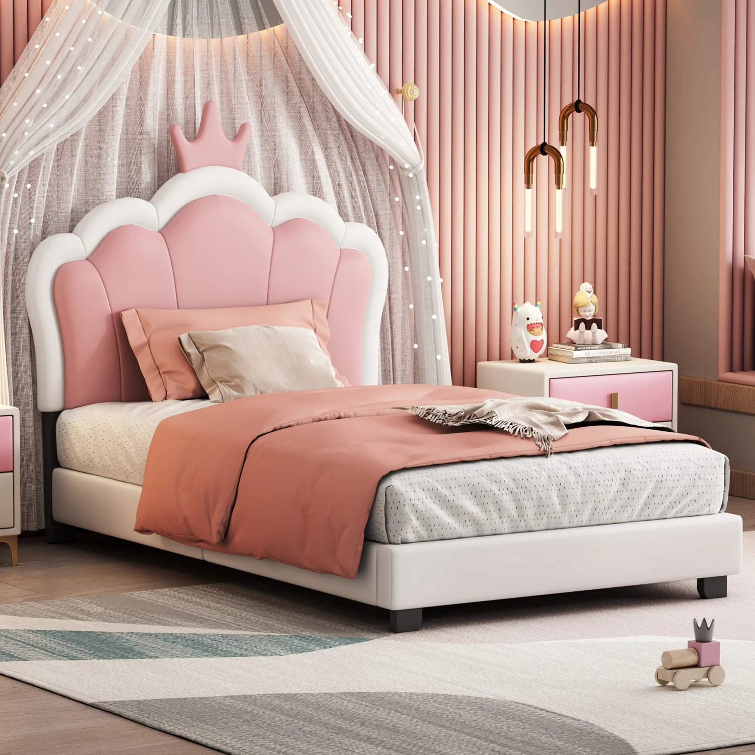 

Twin Size White+Pink Upholstered Princess Bed with Crown Headboard & Platform Bed