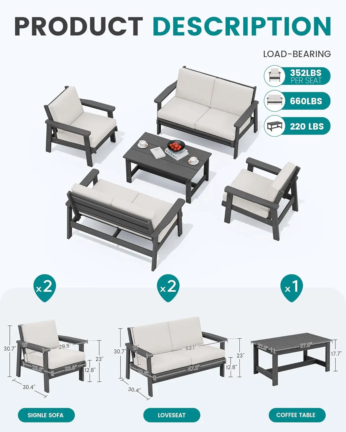 Outdoor Furniture Set, 5 Piece All Weather Outdoor Sofa Set, Wood-Like Outdoor Sectional Couch, Patio Furniture Set