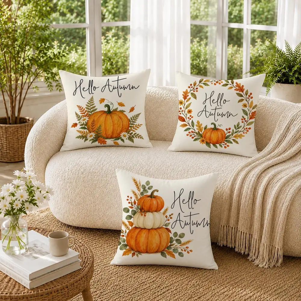 Hello Autumn Pumpkin Cushion Cover Soft Short Plush Pillow Cases Hidden Zipper Cutecore Sofa Bedroom Home Decor Gift
