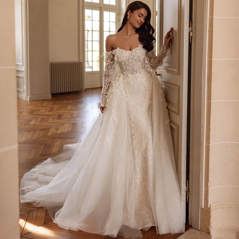 Customized Sweetheart Long Sleeve Beading Flowers Mermaid Wedding Dress Gorgeous Appliques Detachable Train Trumpet Bridal Gown