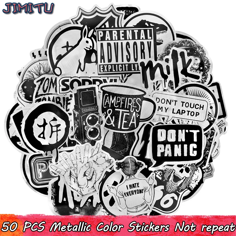 50 PCS Metallic Black and White Sticker Punk Funny Cool Sticker DIY for Laptop Motorcycle Bicycle Guitar Suitcase Skateboard Car