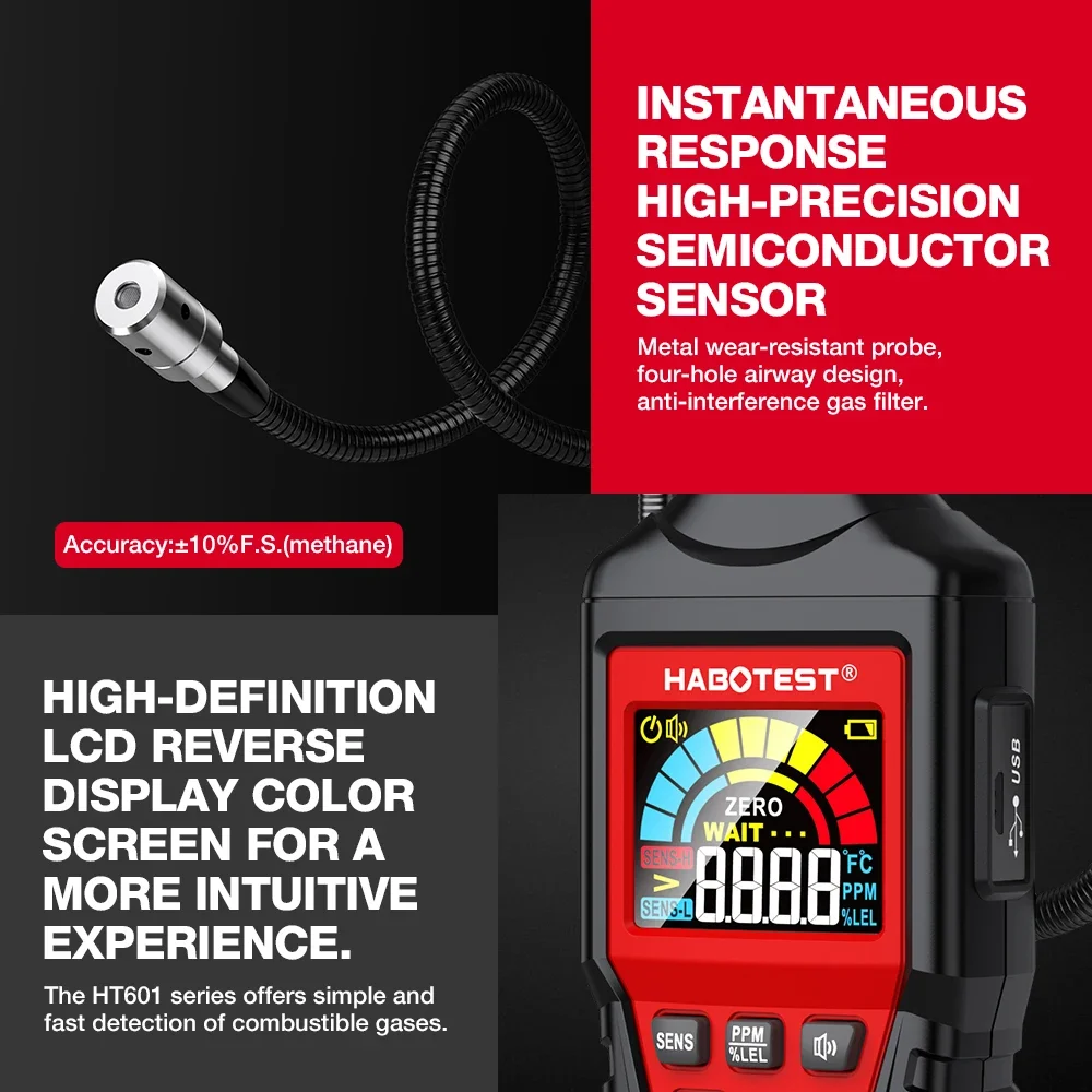 HABOTEST HT601 Natural Gas Detector - Combustible Gas Leak Alarm Sound & Screen Alert for Methane And Propane Locating