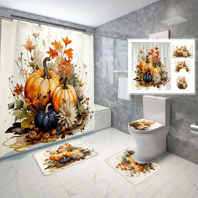 4pcs Orange Pastoral Style Pumpkin and Autumn Leaves Harvest Decoration Halloween Shower Curtains Halloween Cute Wind Toilet