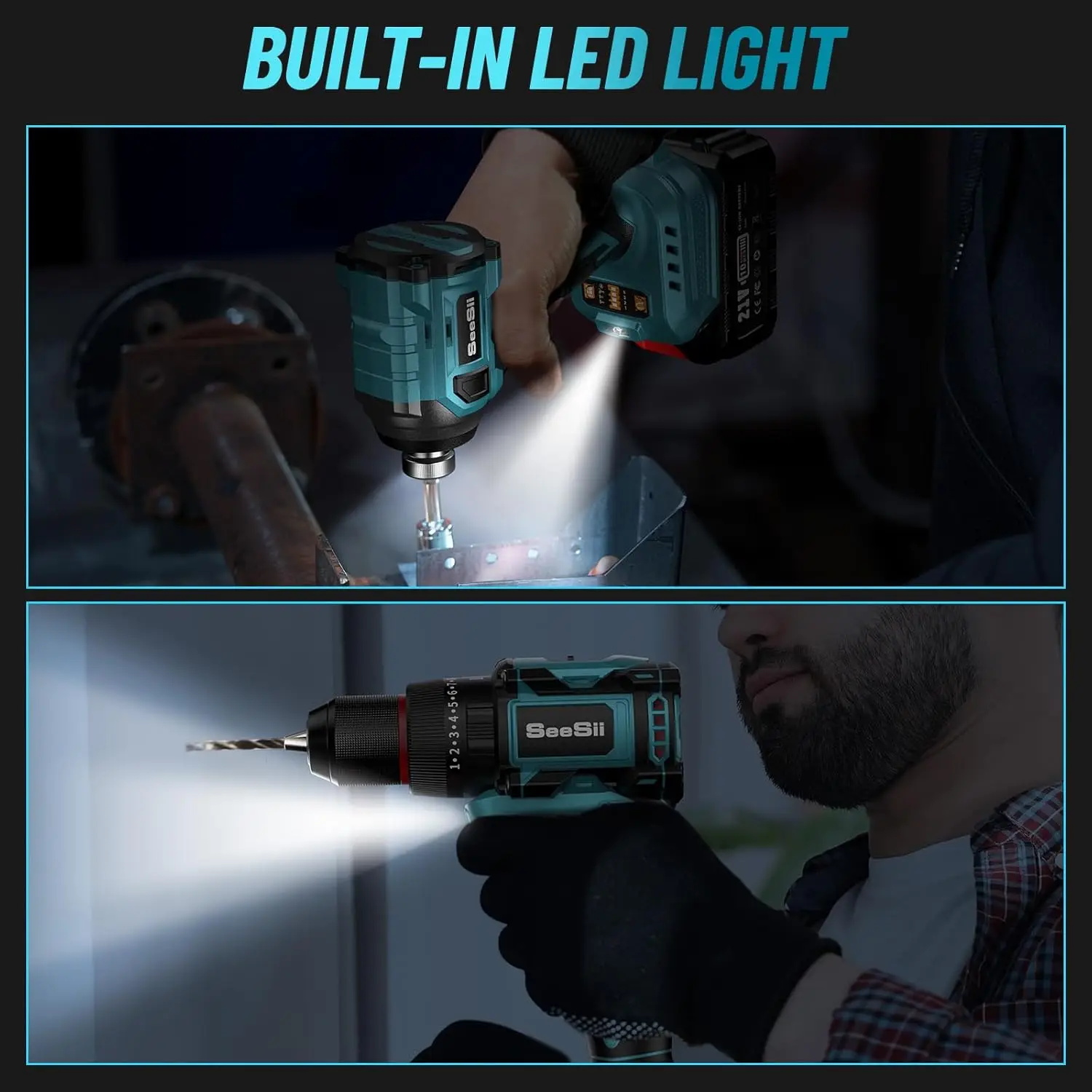 Seesii 21V Max สว่านไร้สายแบบไม่มีแปรงและ Impact Driver เครื่องมือ Combo Kit 3/8 ''เจาะ 1/4''Impact Driver Fast Charger