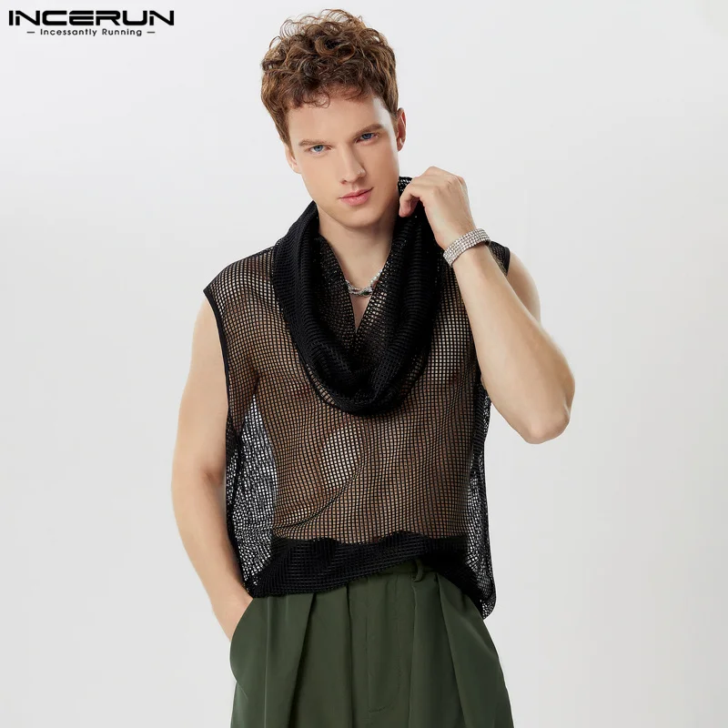 2024 Men\'s Tank Tops Mesh Hollow Out Turtleneck Sleeveless Male Vests Streetwear Transparent Fashion Men Clothing INCERUN S-5XL