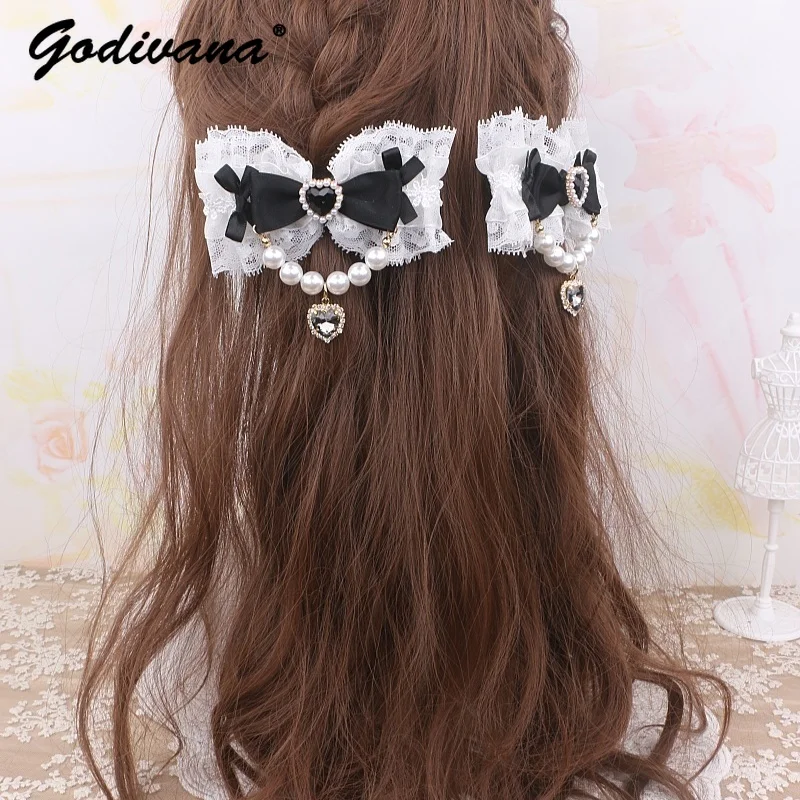 

Original Handmade Girls Lolita Headdress Lace Beaded Love Rhinestone Big Bow Side Clip Women's Cos Hairpin Hair Clips