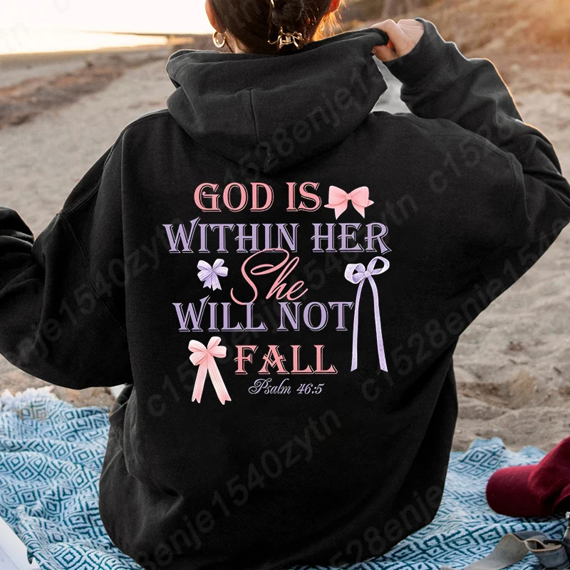 Women's Hoodies, Bow & God Is Within Her Letter Print Hoodie, Long Sleeves, Christian Quote Graphic Hoodies, Harajuku Pulllovers