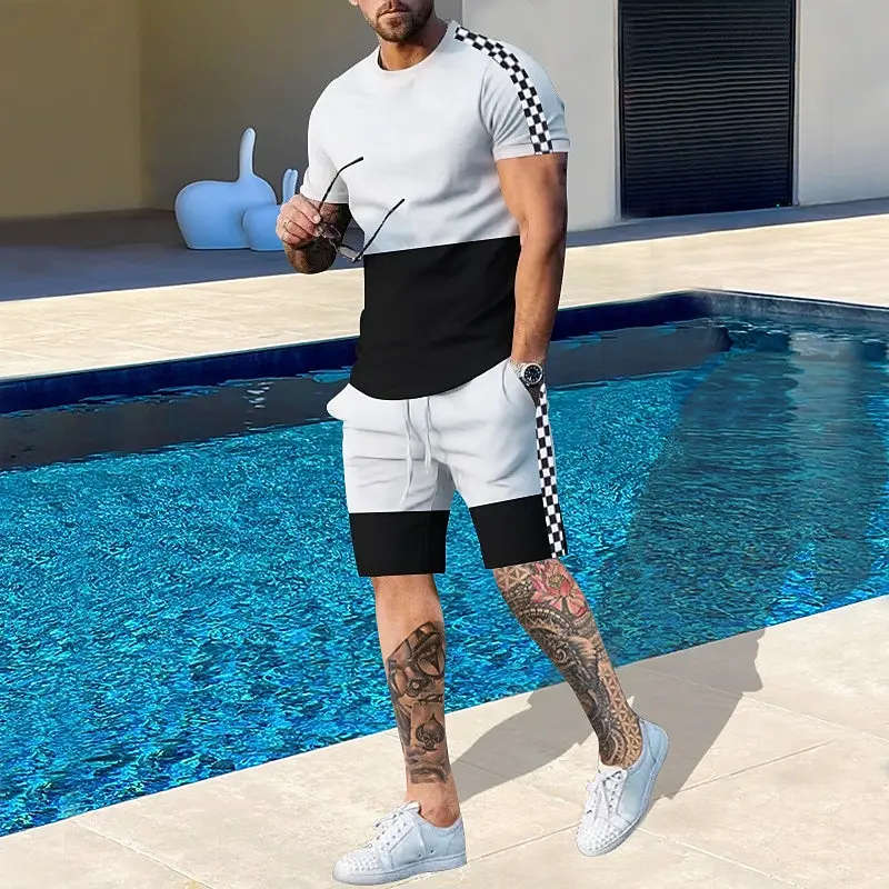 Men's Pattern Color Blocked 2-piece Set Shorts and T-shirt Set Short Sleeved Casual and Comfortable Outdoor Vacation Daily view 5