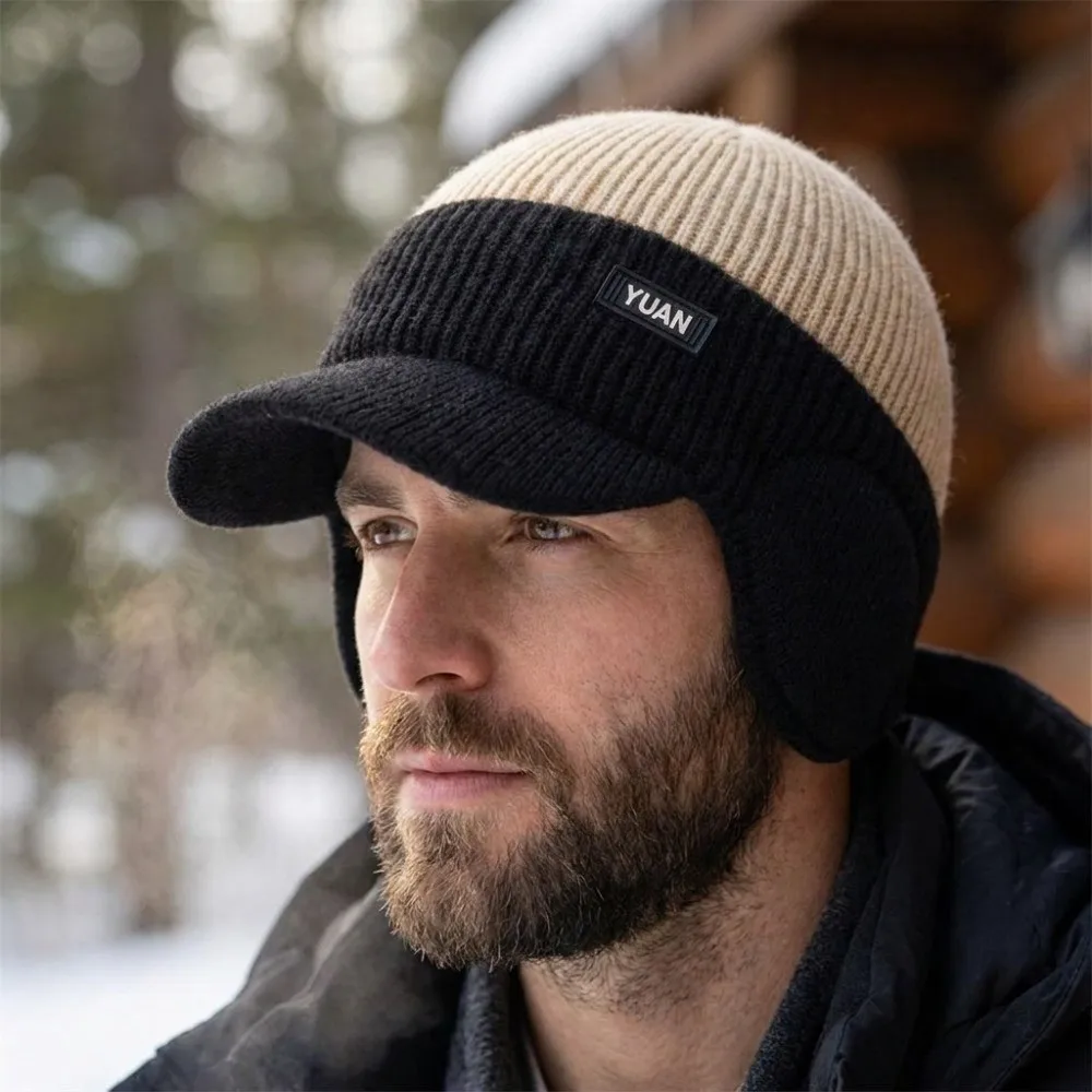 Thermal Thick Men's Knit Hat Warm Windproof Cycling Beanie Duckbill Brim Polyester Ear Flap Hat Outdoor
