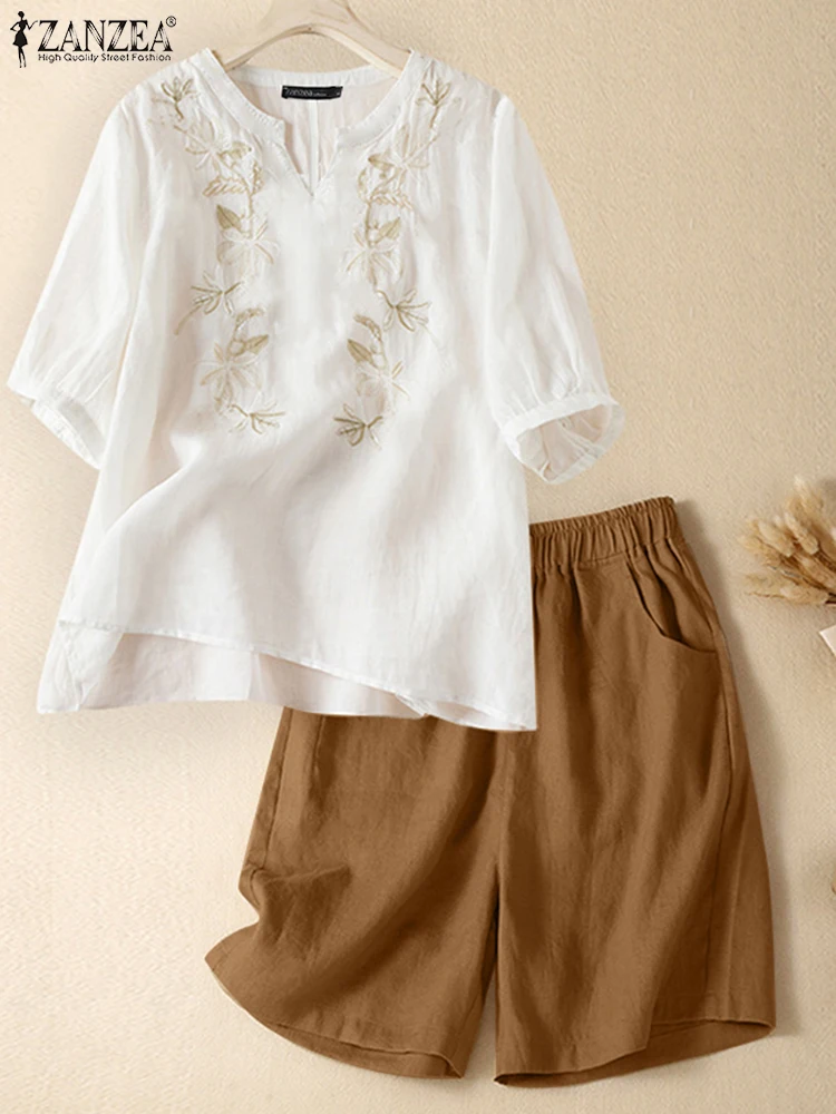 

Women Fashion Short Sets ZANZEA Vintage Embroidery Two-piece Outfits 2025 Summer 3/4 Sleeve V-Neck Tops and Solid Shorts 2PCS