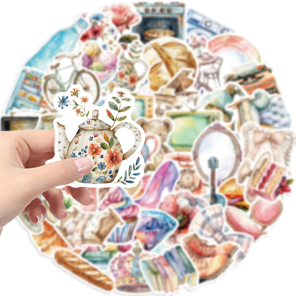 50PCS Watercolor Clip Art Stickers PVC Sticker Aesthetic Colorful Decoration Scrapbooking Stationery School Supplies for Kids