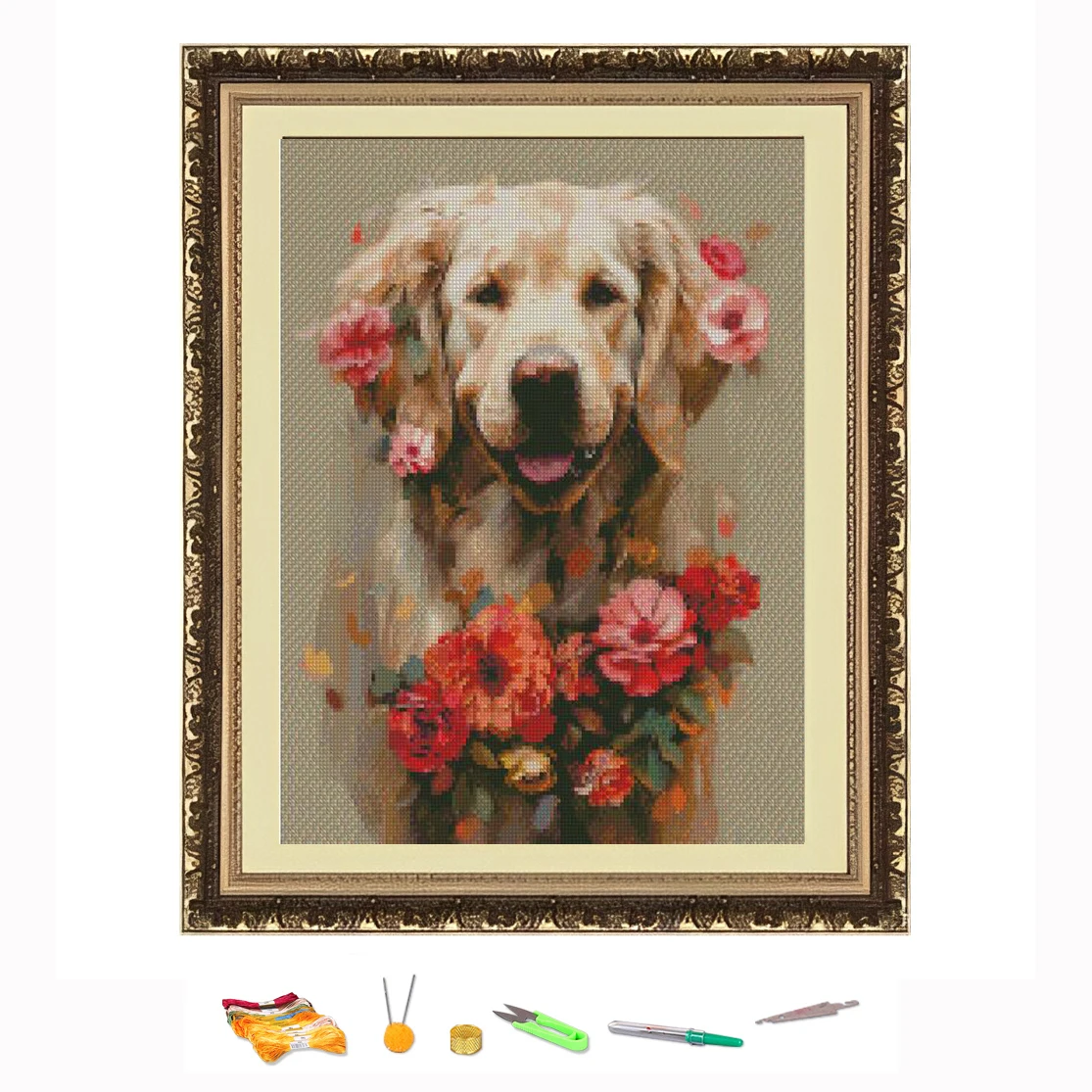 Cross Stitch Embroidery Kit Flowers Yellow Fur Dog Animal Thread Drawing DIY Needlework Kit Quantity Printed on Canvas11CT