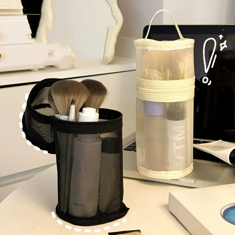 1pc Mesh Dual-use Makeup Brush Storage Bag Portable Simple Large Capacity Brushes Case Bucket Holder Travel Tools Stand-up Bags