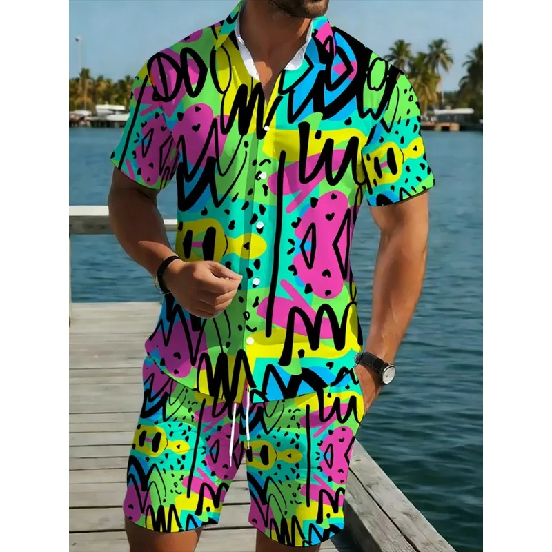 Men's Colorful Printed Short Sleeve Shirt Shorts Set Polyester Lightweight Beachwear Outdoor Casual Summer Vacation Party Wear