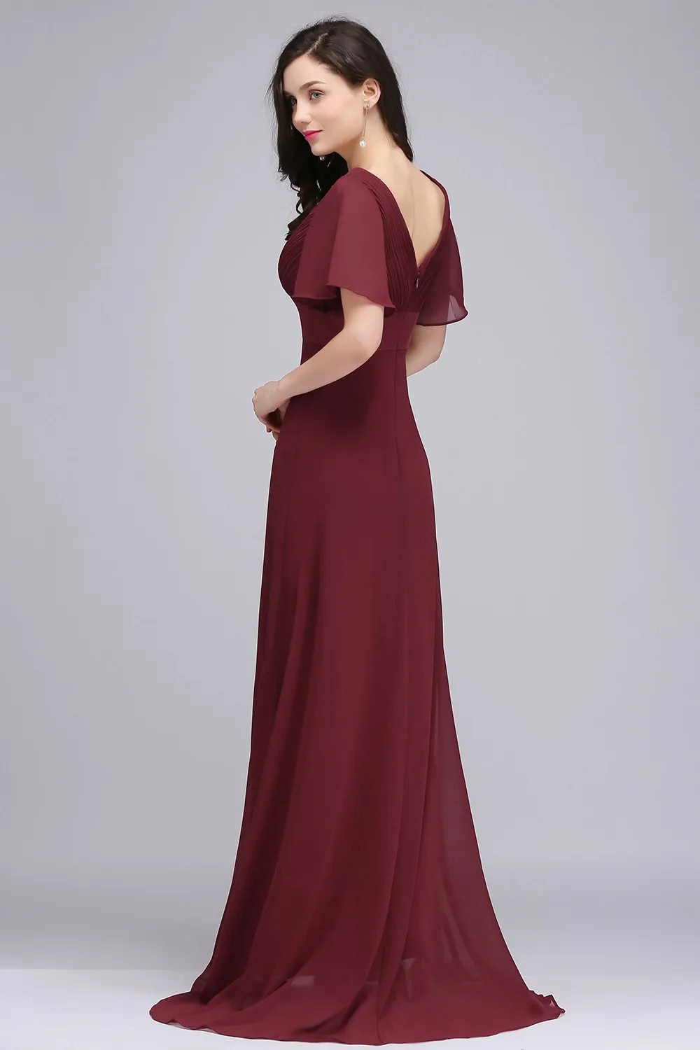 Elegant Burgundy Chiffon Evening Dresses V Neck Ruffles Ruched Formal Party Prom Gowns Blue Vestido De Fiesta Wedding Bridesmaid