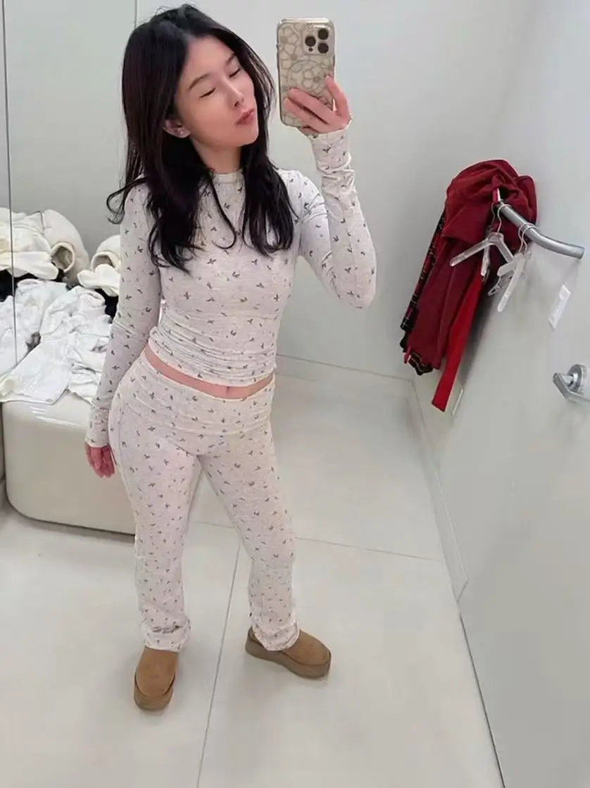 

Cisas Limited Spicy Girl Slim Fit Long Sve round Ne Casual Pants Set Versatile Faionable Low Waist Cotton Blend