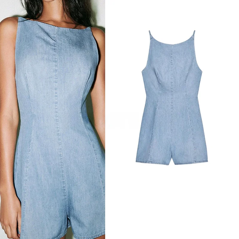 

New Summer Women's Faionable round Ne Denim ter ort One-Piece Suit Ba Open Design Commute Straight High Waist ort