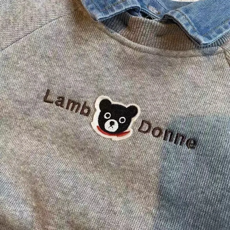 Baby Jungen Mädchen Langarm-Sweatshirt 2026 Herbst Winter Kinder Cartoon Bär Plüsch Dick Denim Revers Pullover Basis-Shirt Oberteil – Detail 5