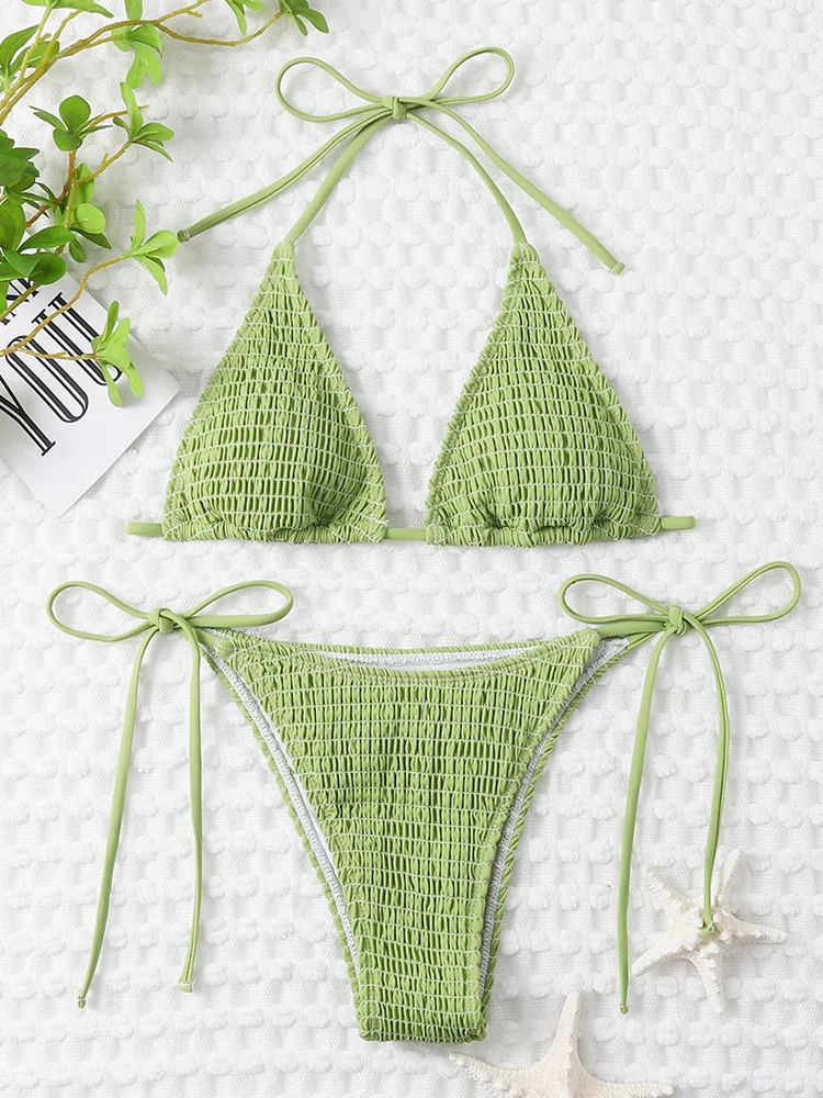 Halter Bikinis Triangle Swimsuit Bandage Swimwear Women Solid Color Bathing Suit Smocking Biquini Micro Thongs Beachwear Summer