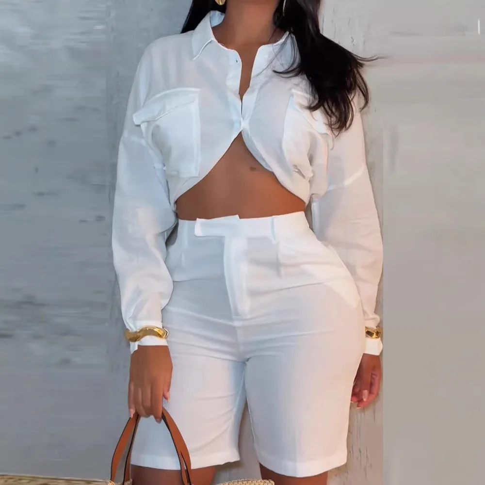 

Shorts Suit For Women Beach Vacation Set Summer New Women's Single-breasted Solid Color Shirt High-waisted Shorts Two-piece Set