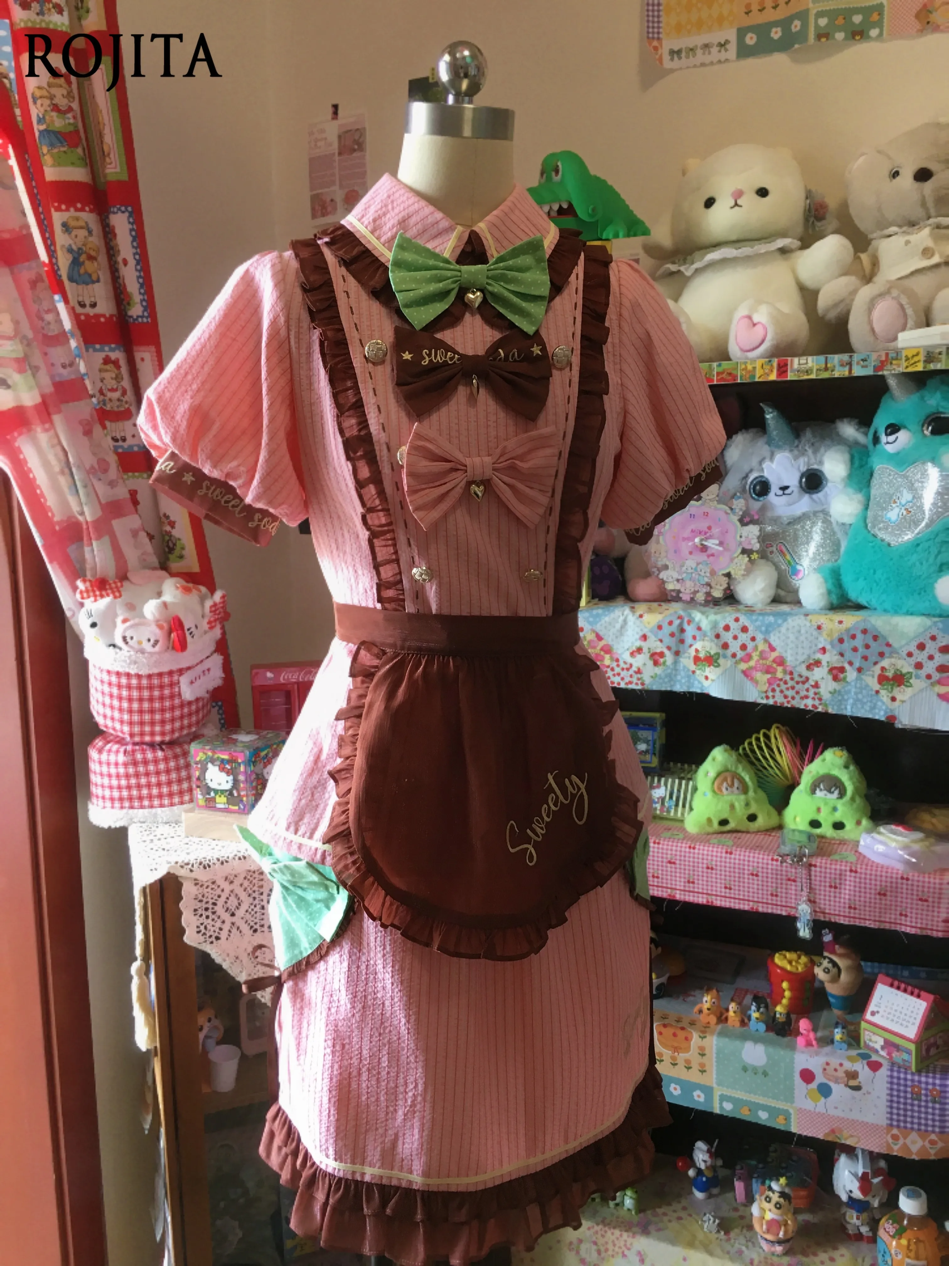 

Sweet Lolita Chocolate Mint Two-Piece Set with Pink and Mint Green Stripes Sweetheart Summer Short Sleeve Shirt and Skirt