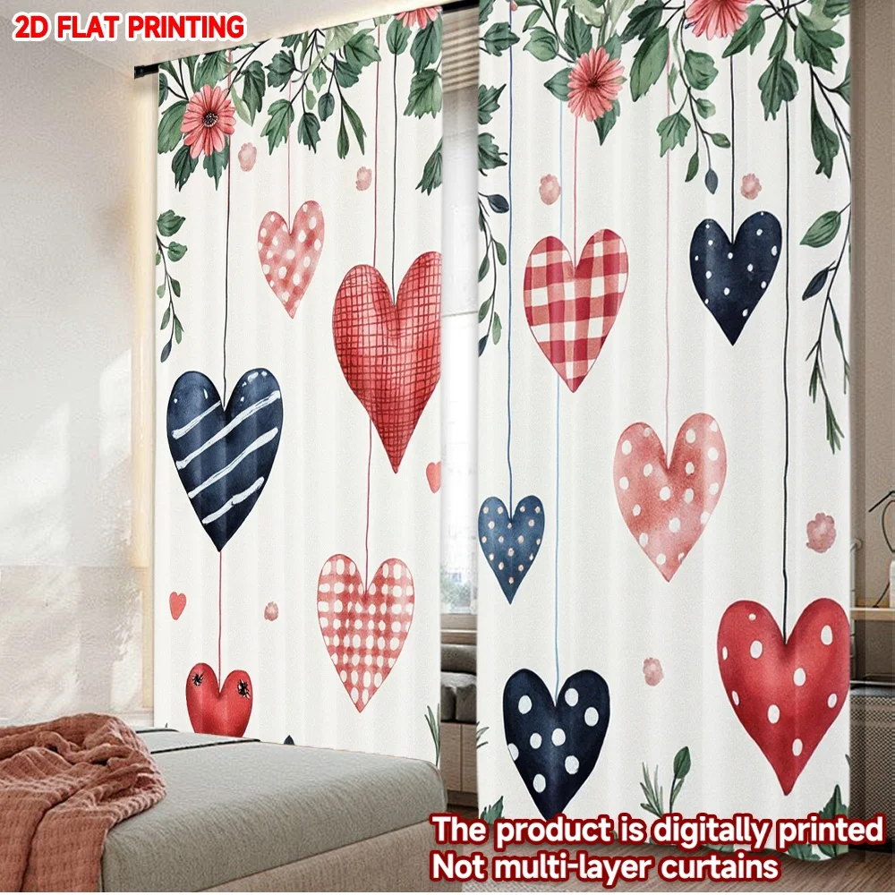 2D flat printing 2pcs Curtain Curtain Valentine's Hanging Hearts Digital Printed Polyester Drapes Holiday Decorations Perfect
