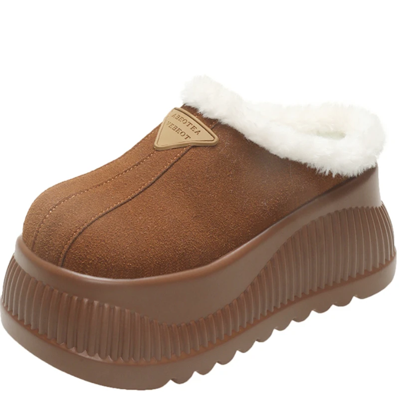 

11CM Platform High Heels Women Butterfly-knot Slippers Suede Mules Shoes Winter Casual Snow Boots Short Plush Warm Cotton Shoes