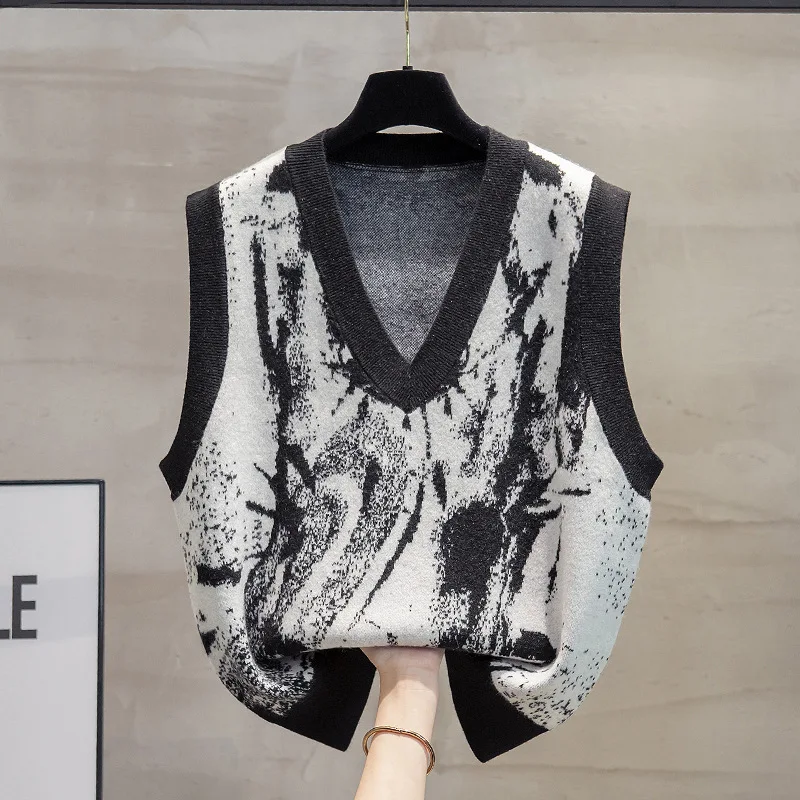 #3916 Tie Dye Sweater Vest Women Loose Sleeveless Knitted Vest Female V-neck Short Vintage Knitwear Vest Femme Outerwear Autumn