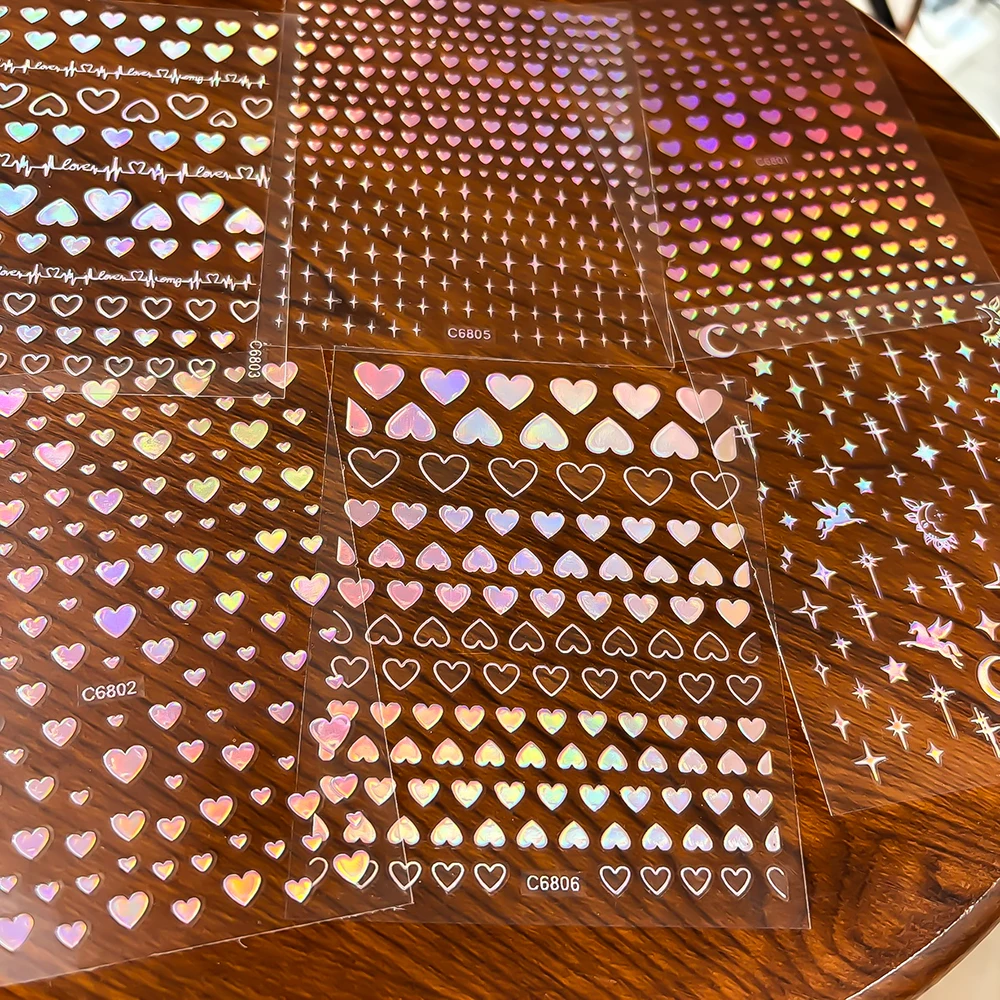 6pcs Laser Silver Pink Heart Nail Art Decals 3D Metallic Silver Effect Love-Heart Nail Stickers For Women Valentine' Nail Decor