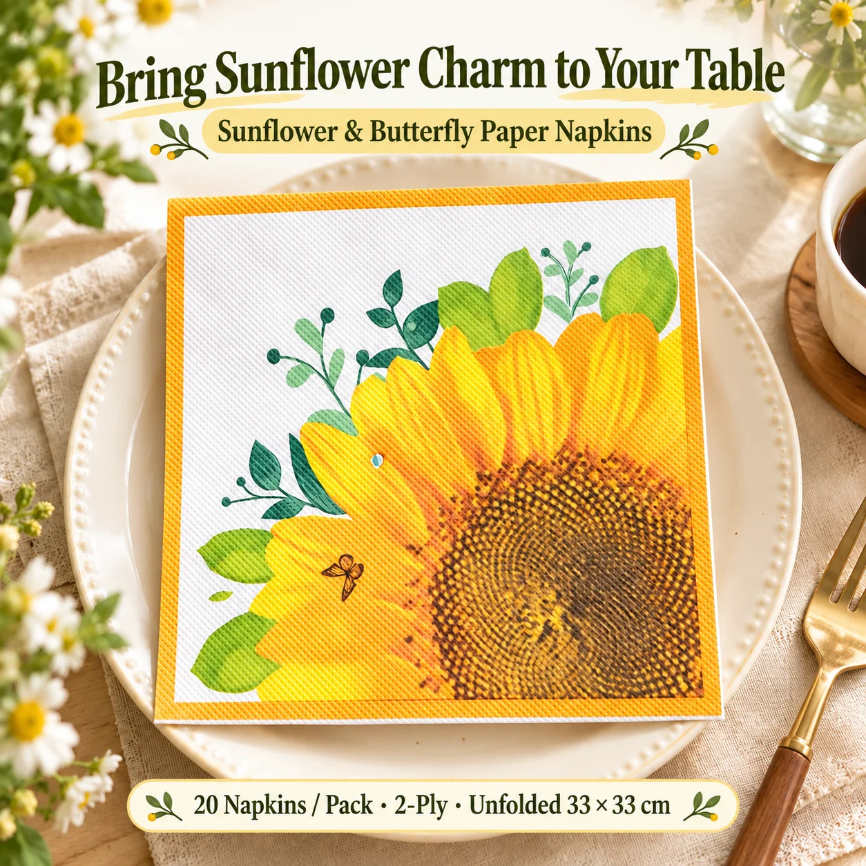 20pcs Sunflower Butterfly Paper Napkins 2-Ply 33x33cm Floral Napkins for Party Dinner Tea Table Decoration