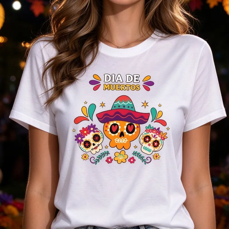 DIA DE MUERTOS Modal Women T-Shirt Sugar Skull Flower Sombrero Print Casual Halloween Day of the Dead Fashion Tee