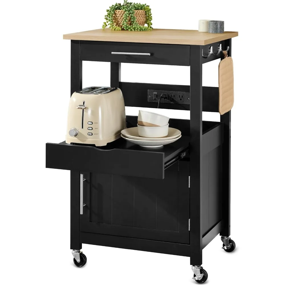 

Rolling Kitchen Island Cart, Single Door Cabinet w/Drawer, Sliding Tray, Hidden Outlet, Hooks, & Lockable Wheels - Onyx Black