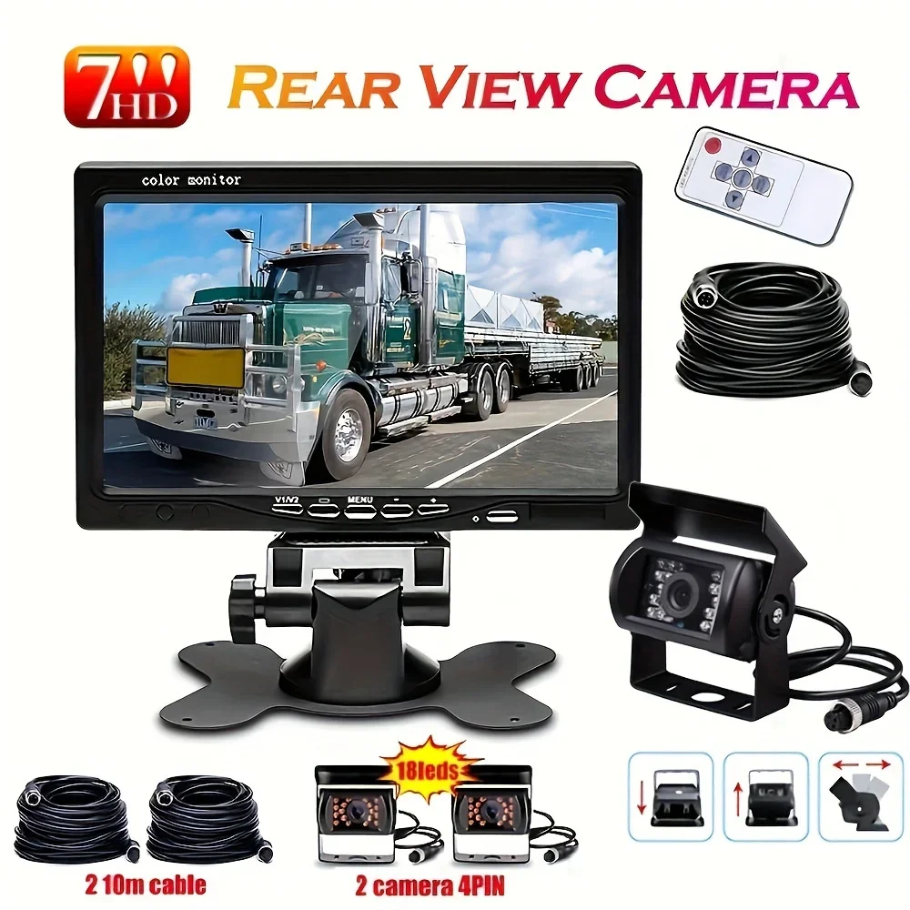 

QueenDer Car Rear View Monitor Camera 7" LCD Display 4-pin Connector Vehicle Reverse Backup Camera For Truck RV Caravan Trailers