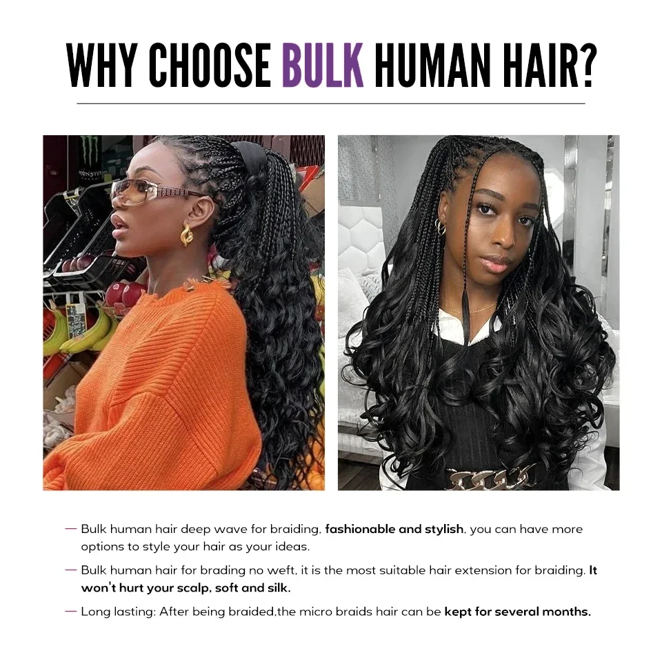 Rambut Manusia Massal Gelombang Dalam 100G Bundel Rambut Manusia Tanpa Pakan Rambut Kepang Manusia Mikro untuk Kepang Boho Rambut Kepang Manusia HairUGo