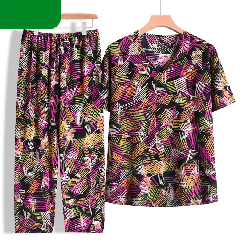 Women Pajama Set Vintage Printing Cotton Sleepwear Pyjamas Female Short Sleeve Trousers Sets Middle Aged Mother Home Suit 4XL