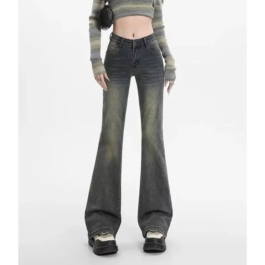Pop Retro American Low Waist Flared Jeans Women's Spring Autumn New Style Washed Draped Floor-Length Bell Bottoms