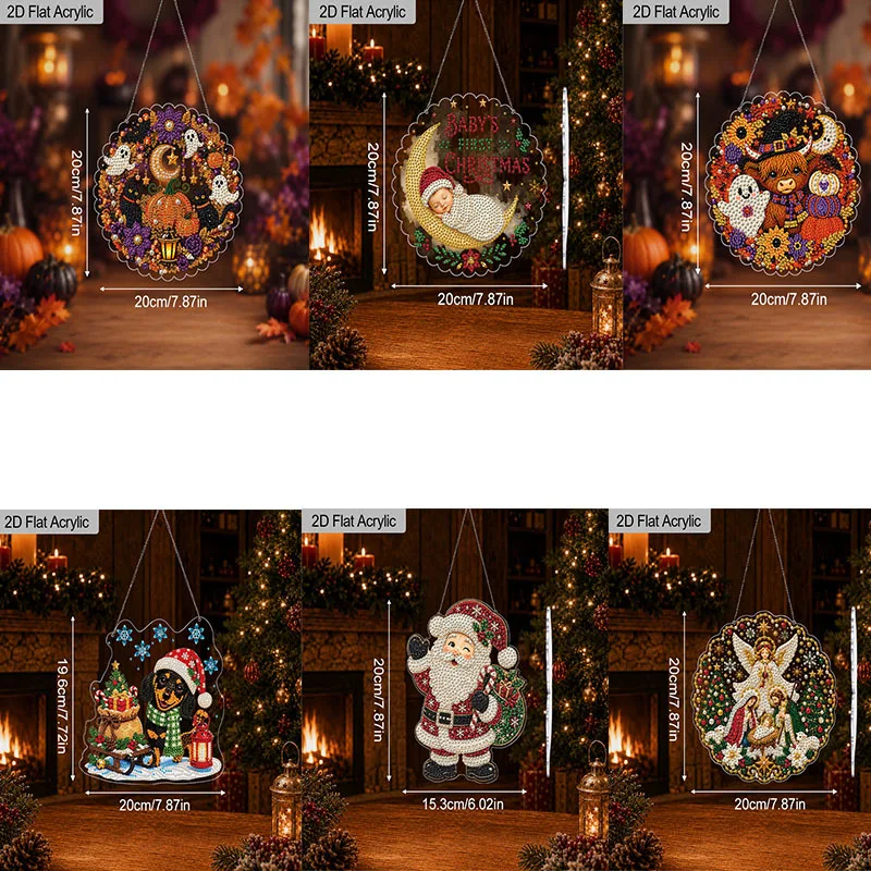 2D Flat Halloween Christmas Diamond Art Hanging Kits, 3D Beads Craft, DIY Acrylic 20cm/7.87Inch Pearl Diamond Painting Hanging