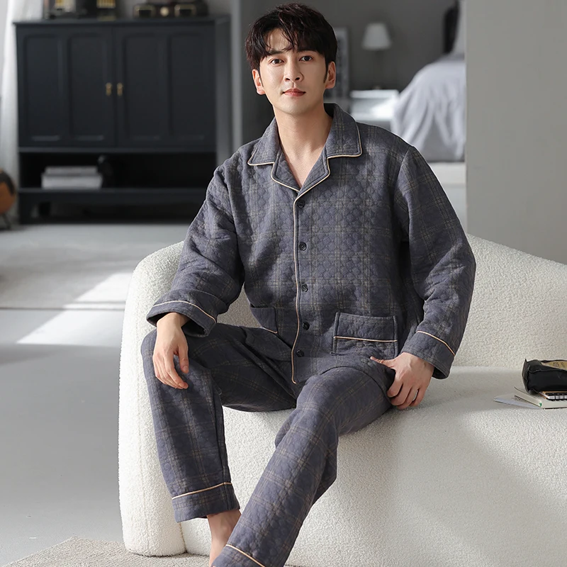 3XL-6XL Laminated air cotton pajamas men autumn and winter thick long-sleeved home service male warm 3 layers thin quilted suit