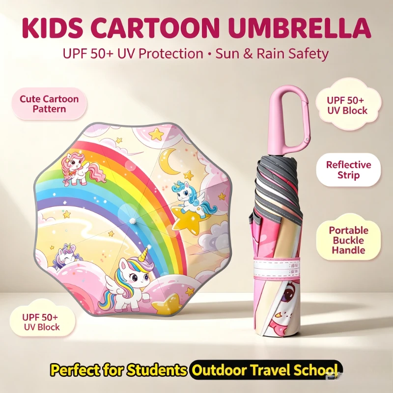 Cute Cartoon Buckle Kids Umbrella UPF 50+ UV Protection Sun Rain Safety Umbrella Reflective Strip Portable for Students