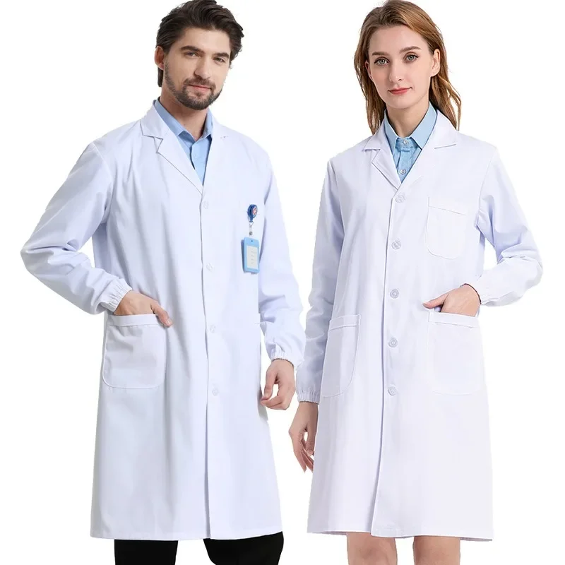 

White Coat Long-sleeved Unisex Nurse Physician College Student Lab Coat Doctor's Uniform Overalls with Logo Printed on Them